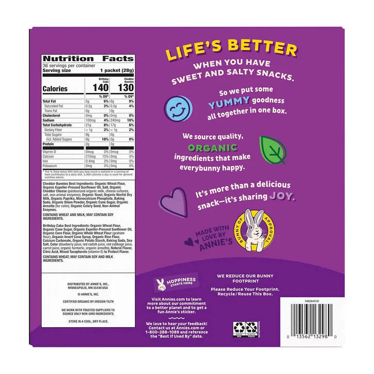 Annie's Organic Bunny Snack Pack Baked Crackers and Graham Snacks, 1.07 oz, Variety Pack, 36-count