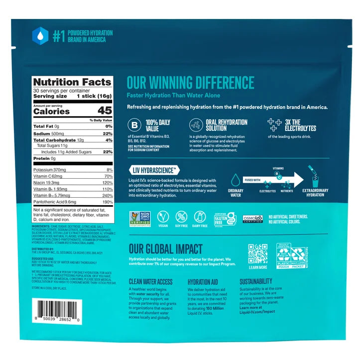 Liquid I.V. Hydration Multiplier, 30 Individual Serving Stick Packs in Resealable Pouch, Tropical Punch