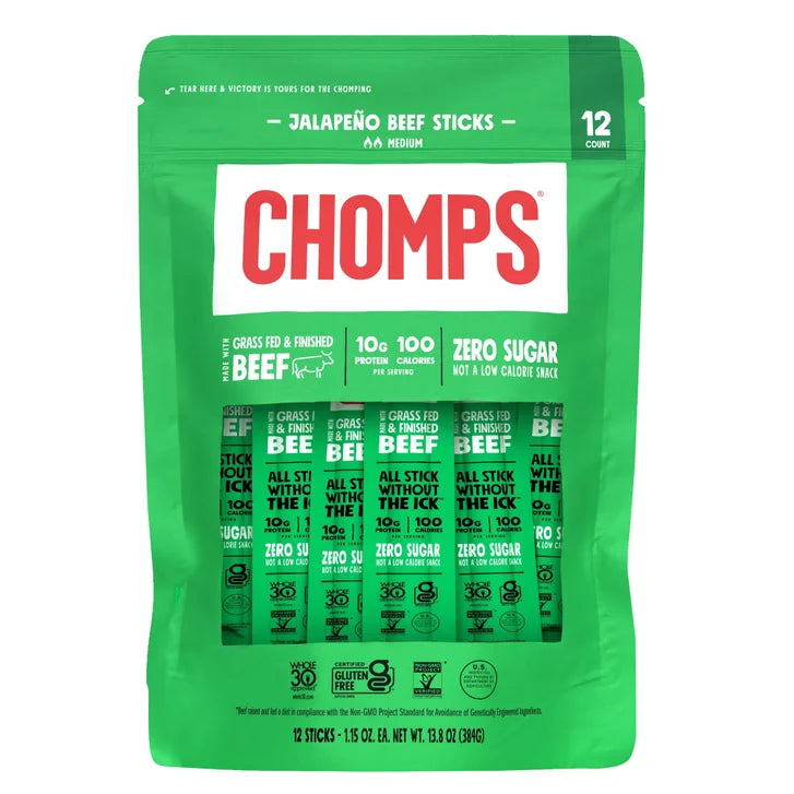 Chomps Jalapeno Grass Fed Beef Sticks, 12-count