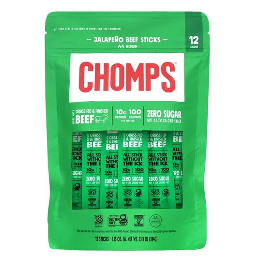 Chomps Jalapeno Grass Fed Beef Sticks, 12-count