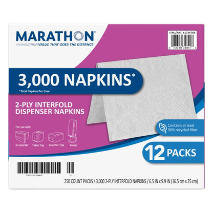 Marathon Interfold Dispenser Napkins, 2-ply, 250-count, 12-packs