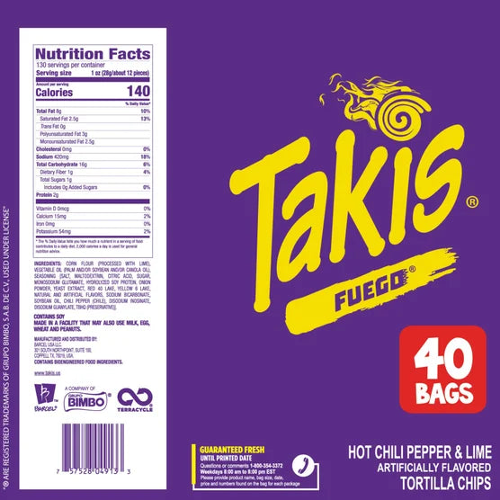 Takis Rolled Tortilla Chips, Fuego, 3.25 oz, 40-count