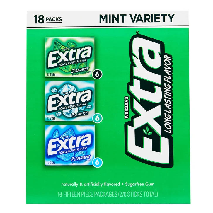 Extra Sugar Free Chewing Gum, Mint Variety Pack, 15 Sticks, 18-Count