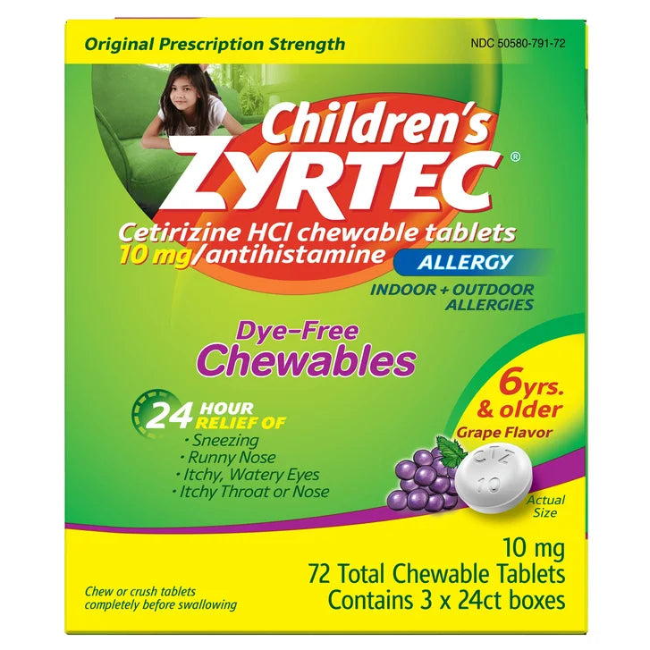 Children's Zyrtec Allergy Cetirizine HCl 10 mg Dye-Free Grape Flavored Chewables, 72 Tablets