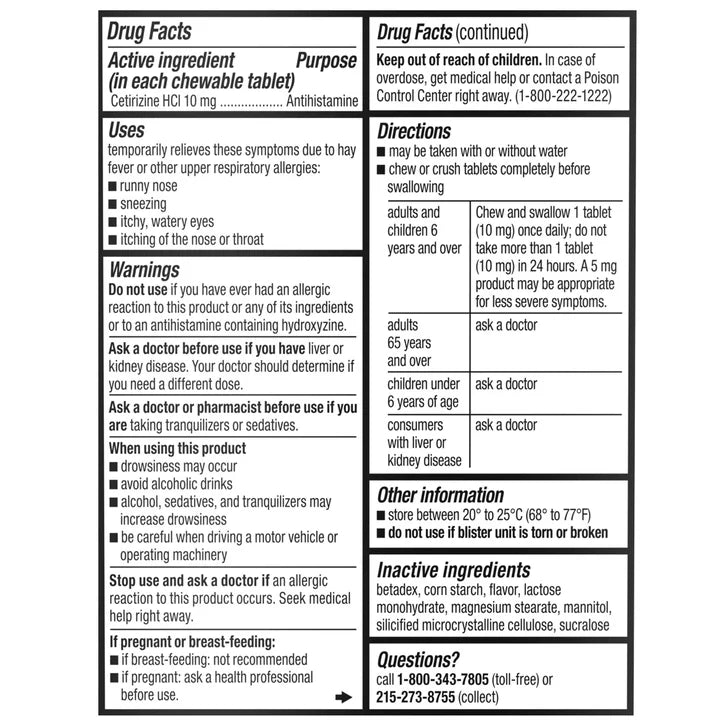 Children's Zyrtec Allergy Cetirizine HCl 10 mg Dye-Free Grape Flavored Chewables, 72 Tablets