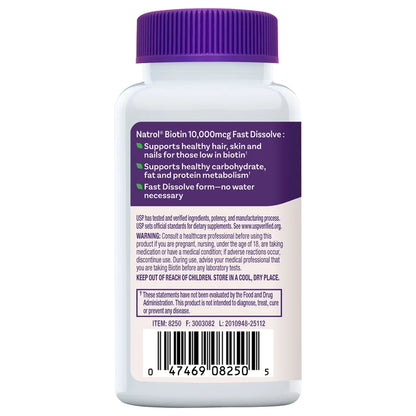 Natrol Biotin 10,000 mcg. Fast Dissolve Tablets, 250 Tablets