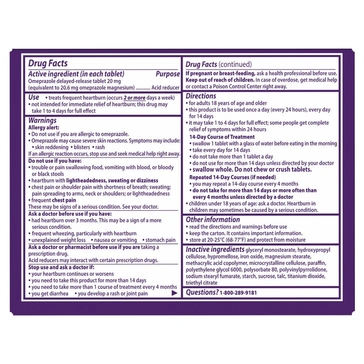 Prilosec OTC, Omeprazole 20mg, 42 Tablets