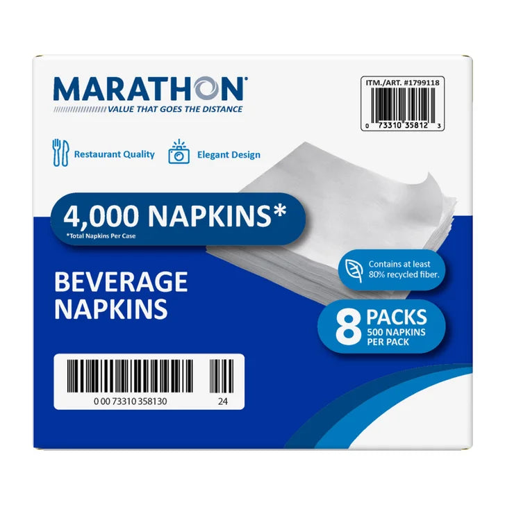 Marathon Beverage Napkin, 1-Ply, 500-count, 8-pack
