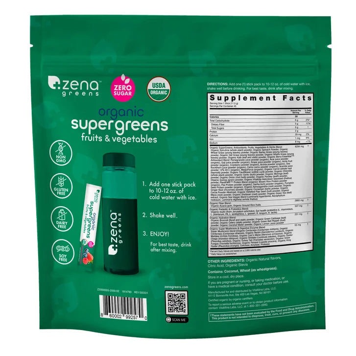 Zena USDA Organic Supergreens Fruits & Vegetables Powder, 45 Stick Packets