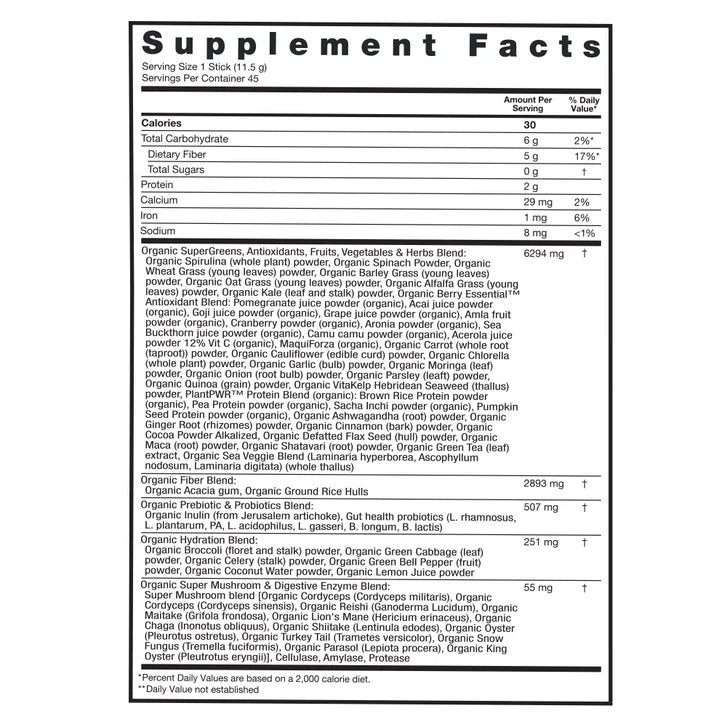 Zena USDA Organic Supergreens Fruits & Vegetables Powder, 45 Stick Packets