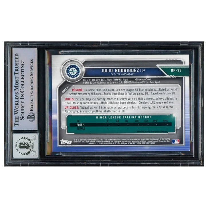 Julio Rodriguez Autographed 2019 1st Bowman Rookie Card #BP-33 Seattle Mariners Auto Grade 10 Beckett Authenticated