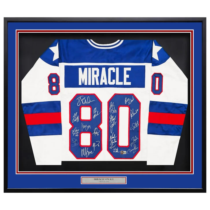 1980 Team USA Miracle on Ice Autographed Framed Red, White, & Blue Jersey With 19 Signatures Including Jim Craig & Mike Eruzione Beckett Authenticated