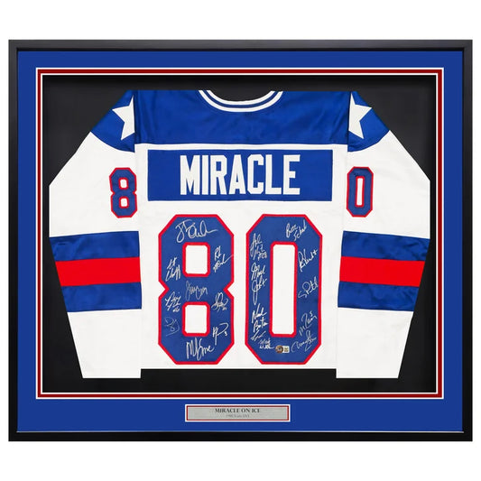 1980 Team USA Miracle on Ice Autographed Framed Red, White, & Blue Jersey With 19 Signatures Including Jim Craig & Mike Eruzione Beckett Authenticated