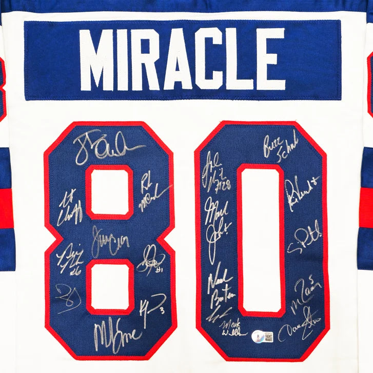1980 Team USA Miracle on Ice Autographed Framed Red, White, & Blue Jersey With 19 Signatures Including Jim Craig & Mike Eruzione Beckett Authenticated