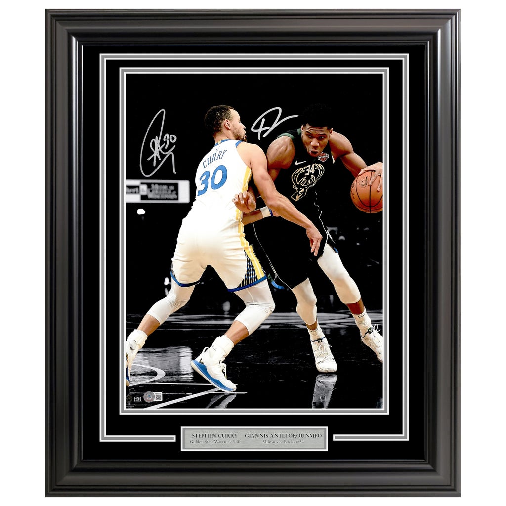 Stephen Curry & Giannis Antetokounmpo Dual Autographed Framed Photo - Beckett Authenticated