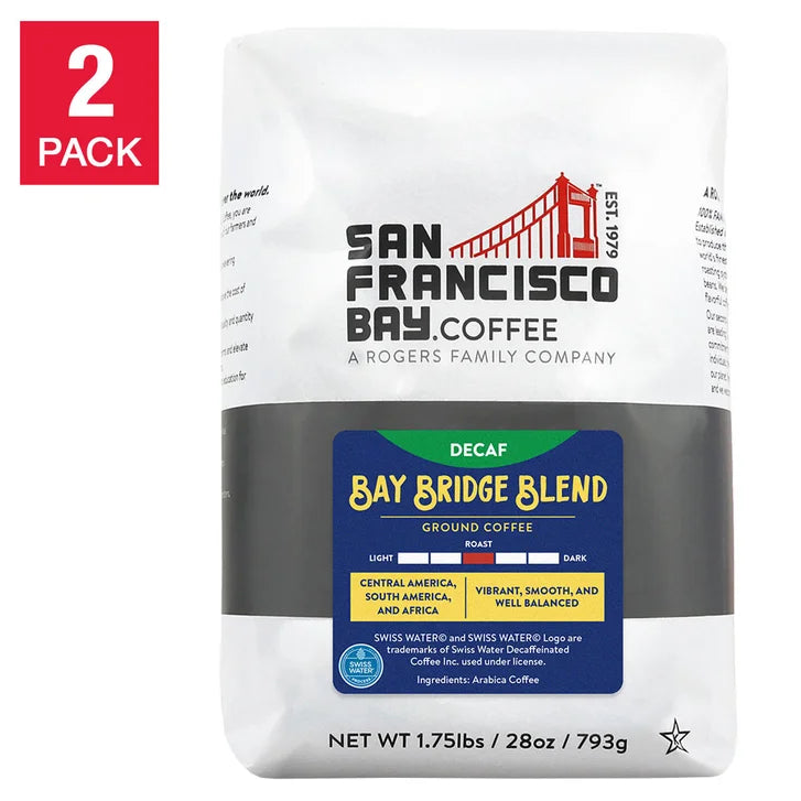 San Francisco Bay Coffee DECAF Bay Bridge Blend Ground 28oz, 2-pack