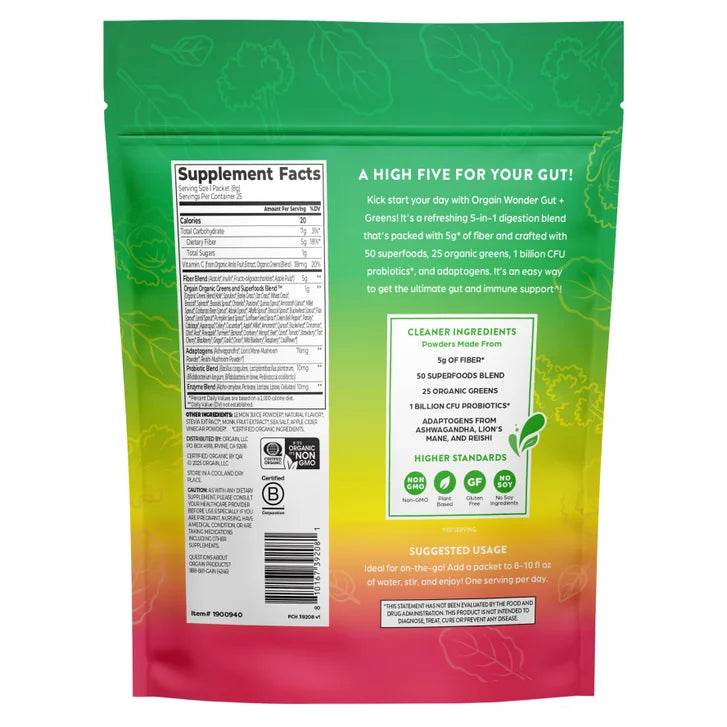 Orgain Wonder Gut Greens, Strawberry Lemonade, 25 Stick Packs