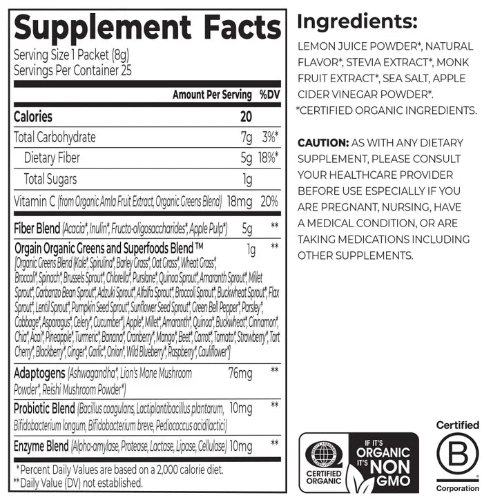 Orgain Wonder Gut Greens, Strawberry Lemonade, 25 Stick Packs