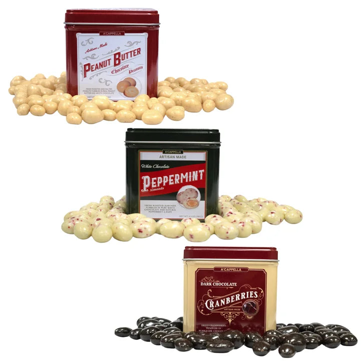 A'cappella Holiday Chocolate Tumbled Fruit and Nut Tri-Tin, 3-pack, 6.5 oz. Each