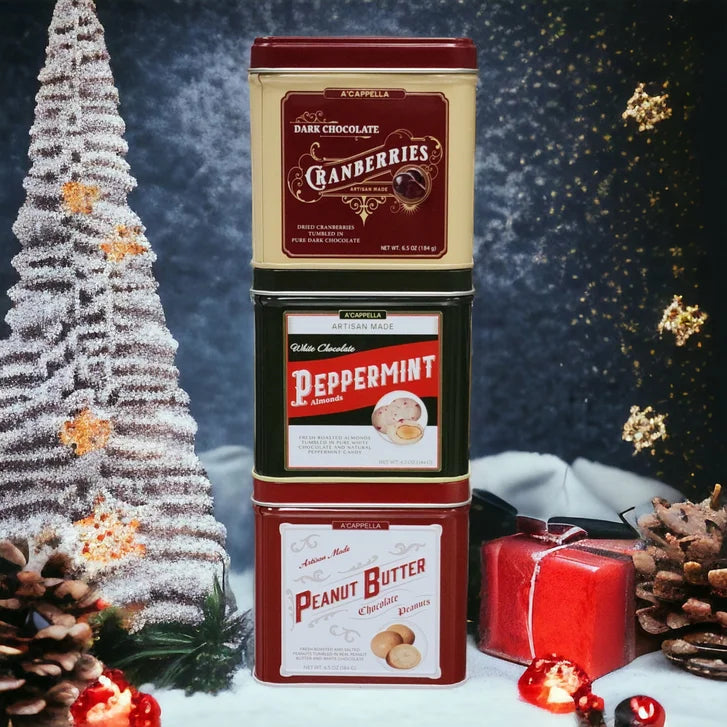 A'cappella Holiday Chocolate Tumbled Fruit and Nut Tri-Tin, 3-pack, 6.5 oz. Each