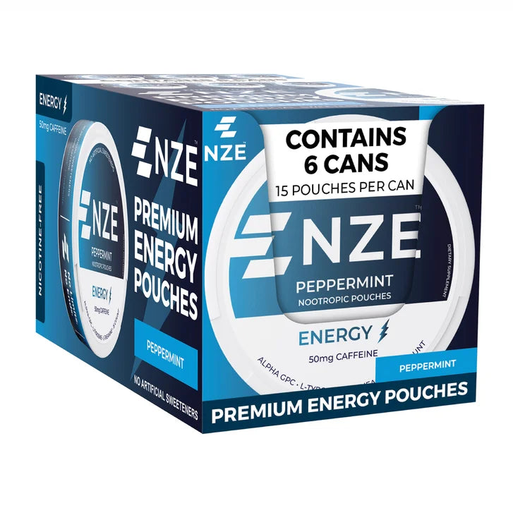 NZE Premium Energy Pouches, Peppermint, 15 Pouches per Can, 6-Count