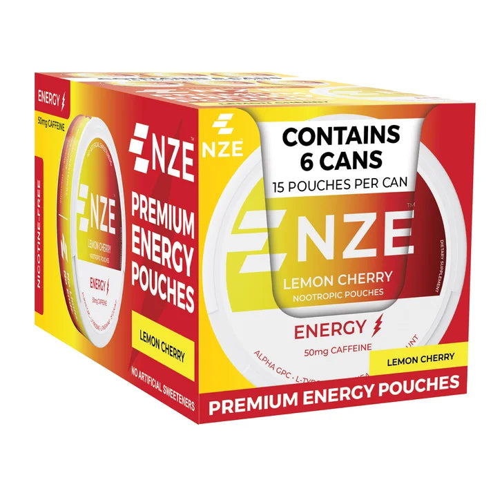 NZE Premium Energy Pouches, Lemon Cherry, 15 Pouches per Can, 6-Count