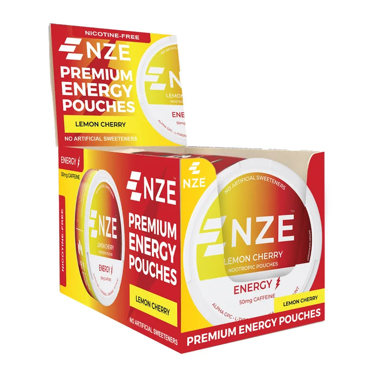 NZE Premium Energy Pouches, Lemon Cherry, 15 Pouches per Can, 6-Count