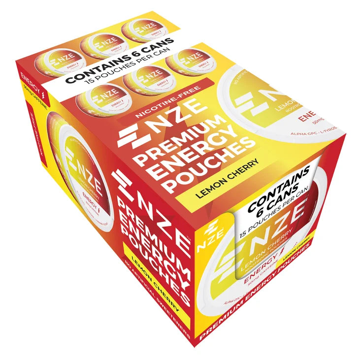 NZE Premium Energy Pouches, Lemon Cherry, 15 Pouches per Can, 6-Count