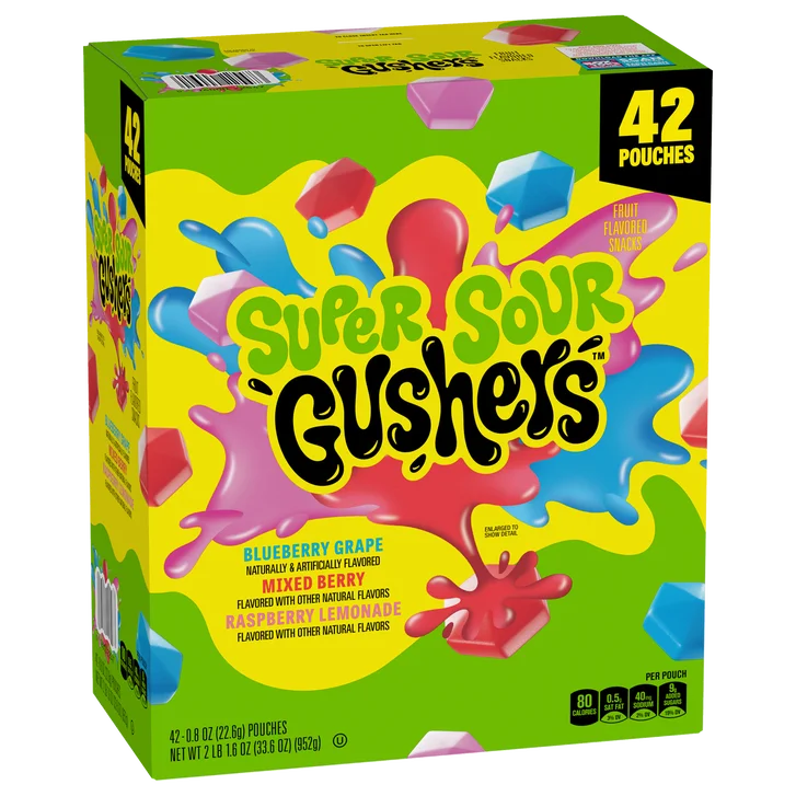 Gushers Super Sour Fruit Flavored Snacks, 0.8 oz, 42-count