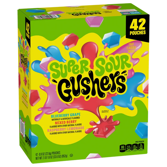 Gushers Super Sour Fruit Flavored Snacks, 0.8 oz, 42-count