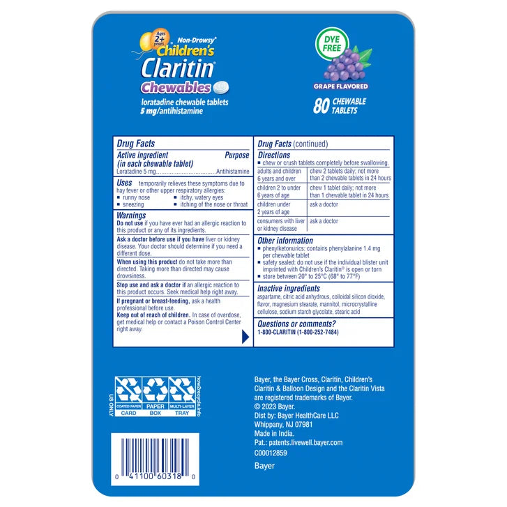 Claritin Children's Dye-Free Chewables, 80 Chewable Tablets