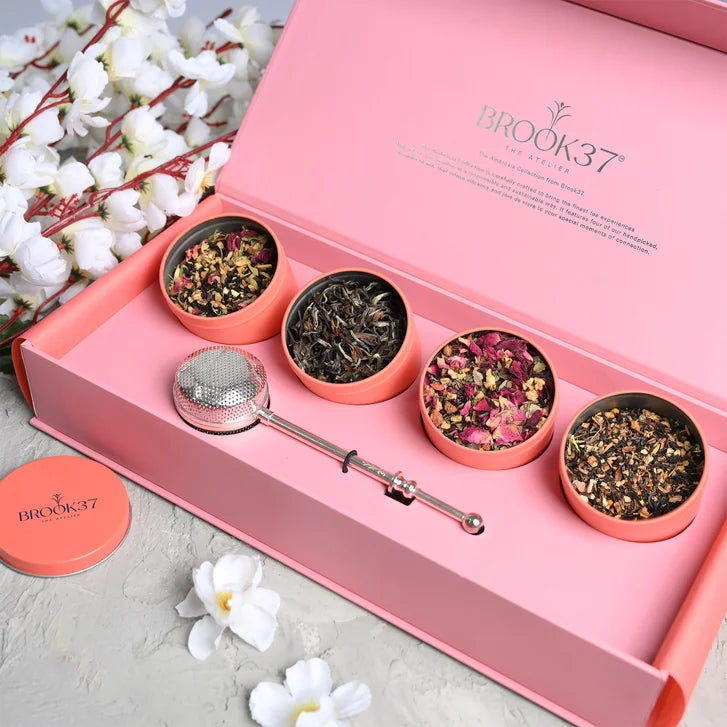 Brook 37 Amore Giftbox Loose Leaf Tea Collection with Silver Plated Infuser, 4 Tin Pack, 4oz total