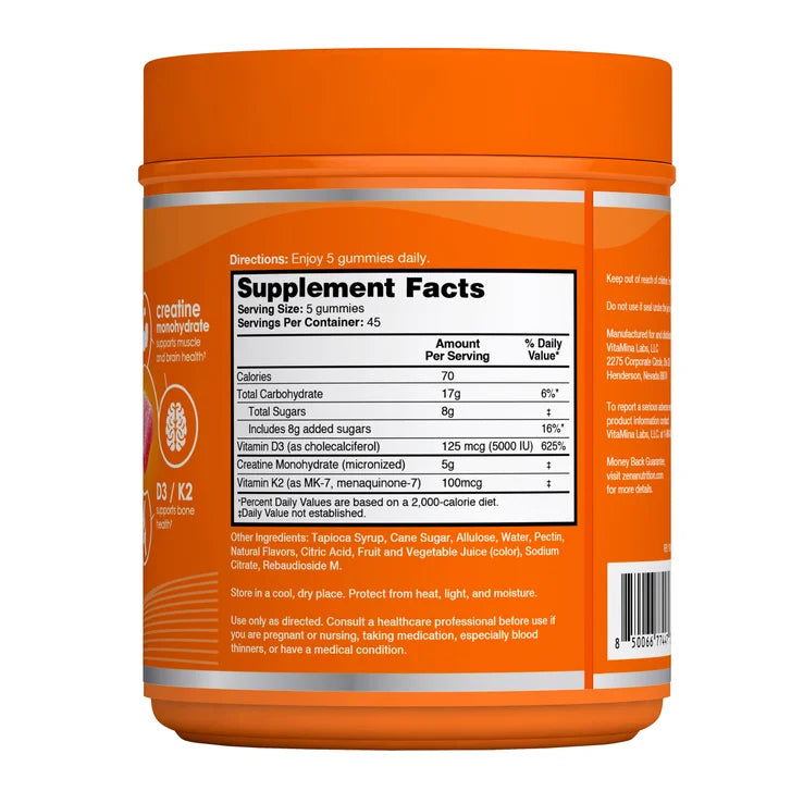 Zena Creatine Monohydrate + D3/K2 Gummies, 225-count