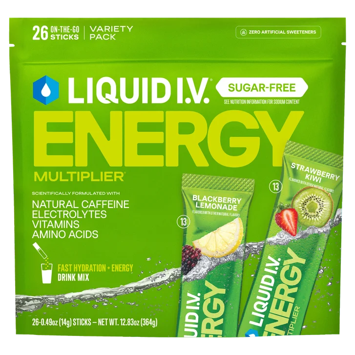 Liquid I.V. Energy Multiplier, 26 Individual Serving Stick Packs in Resealable Pouch, Sugar Free, Variety Pack