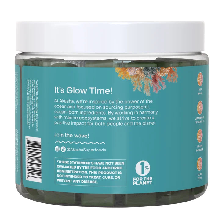 Akasha Superfoods GLOW Sea Moss & Pearl Powder, 120 Gummies