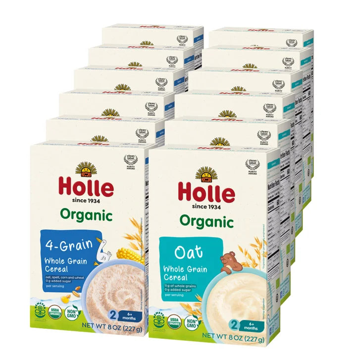 Holle Organic Whole Grain Cereal Bundle, Oat & 4-Grain Variety Pack, 12 - 8 oz. Boxes