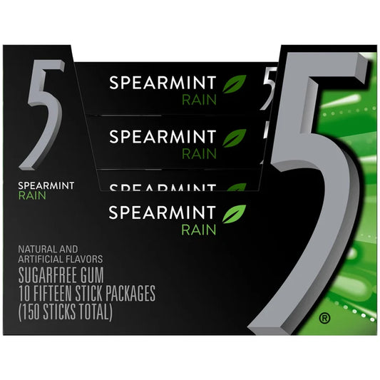 5 Gum Sugar Free Gum, Spearmint Rain Chewing Gum, 15 Sticks, 10-count