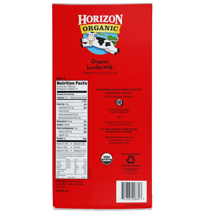 Horizon, Organic Low-fat Milk, 8 oz, 18-Count