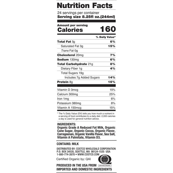 Kirkland Signature, Organic Reduced Fat Chocolate Milk, 8.25 fl oz, 24-Count