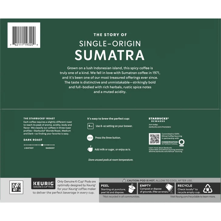 Starbucks Coffee Single Origin Sumatra Dark Roast K-Cup, 72-count