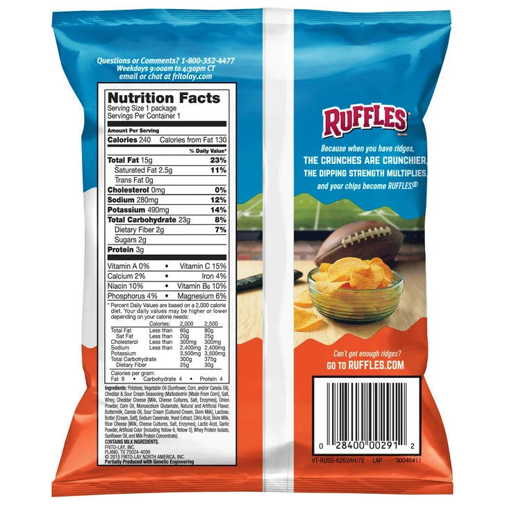 Ruffles Potato Chips, Cheddar & Sour Cream, 1.5 oz, 64-count