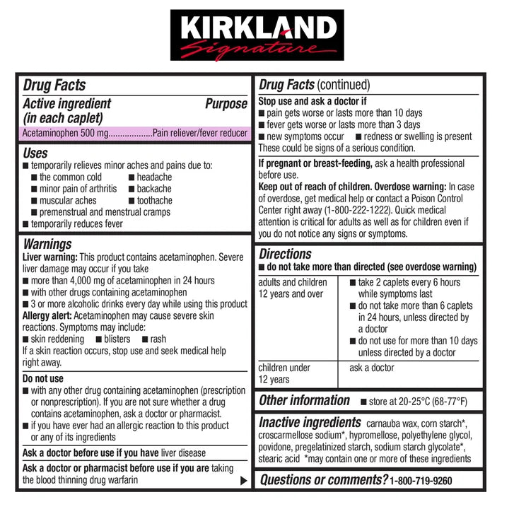 Kirkland Signature Extra Strength Acetaminophen 500 mg., 1,000 Caplets