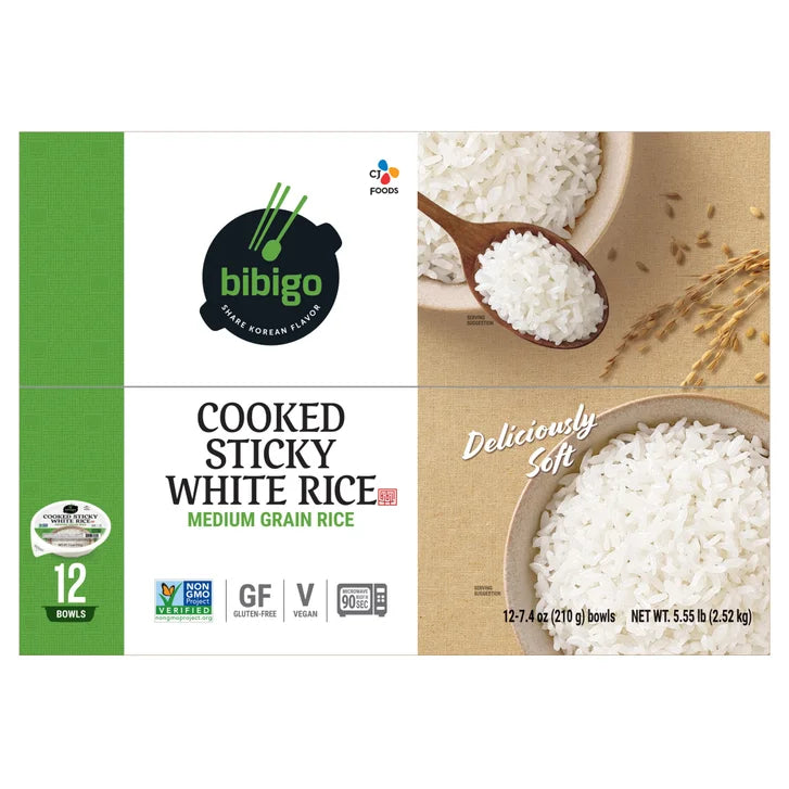 Bibigo, Cooked Sticky White Rice Bowls, Medium Grain, 7.4 oz, 12-Count
