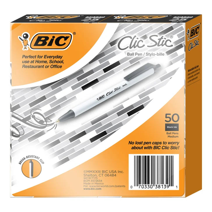BIC Clic Stic Retractable Ballpoint Pen, Medium Point 1.0mm, 50-count