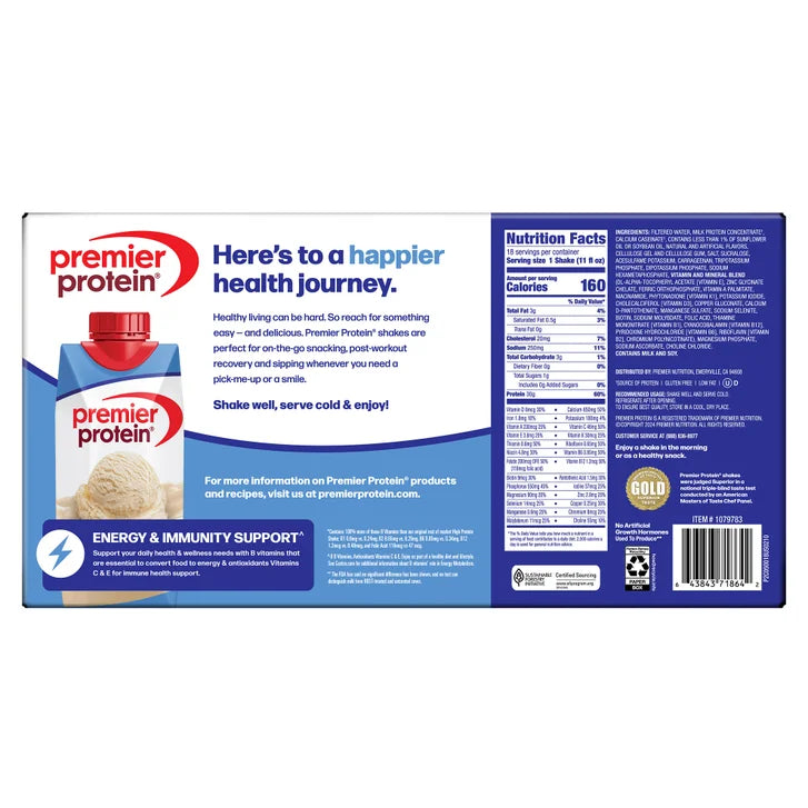 Premier 30g Protein PLUS Energy and Immune Support Shakes, Vanilla, 11 fl oz, 18-pack