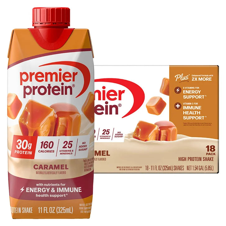 Premier 30g Protein PLUS Energy and Immune Support Shakes, Caramel, 11 fl oz, 18-pack