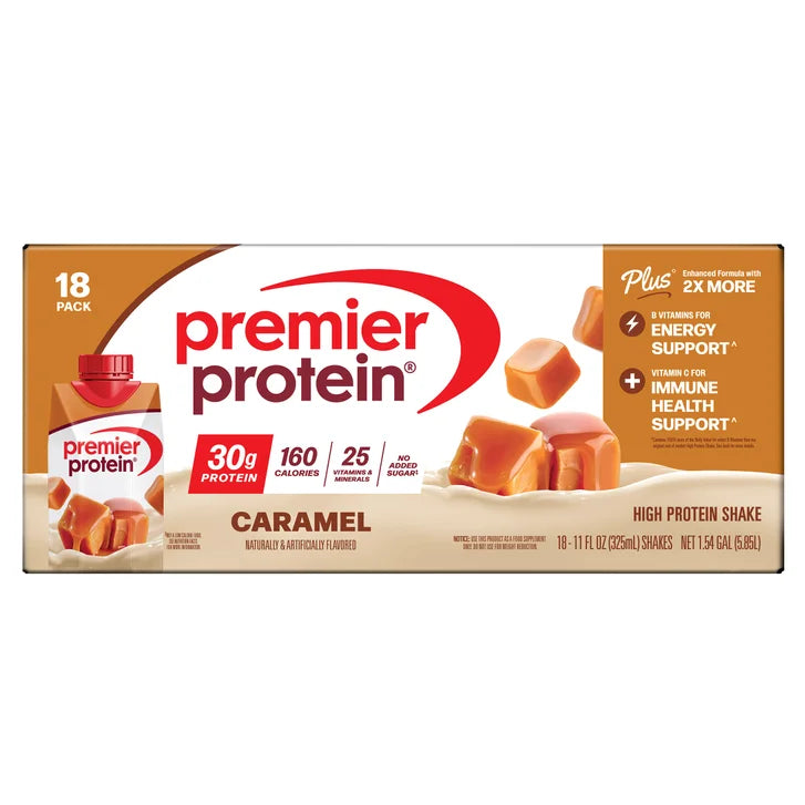 Premier 30g Protein PLUS Energy and Immune Support Shakes, Caramel, 11 fl oz, 18-pack
