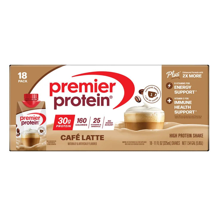 Premier 30g Protein PLUS Energy and Immune Support Shakes, Cafe Latte, 11 fl oz, 18-pack