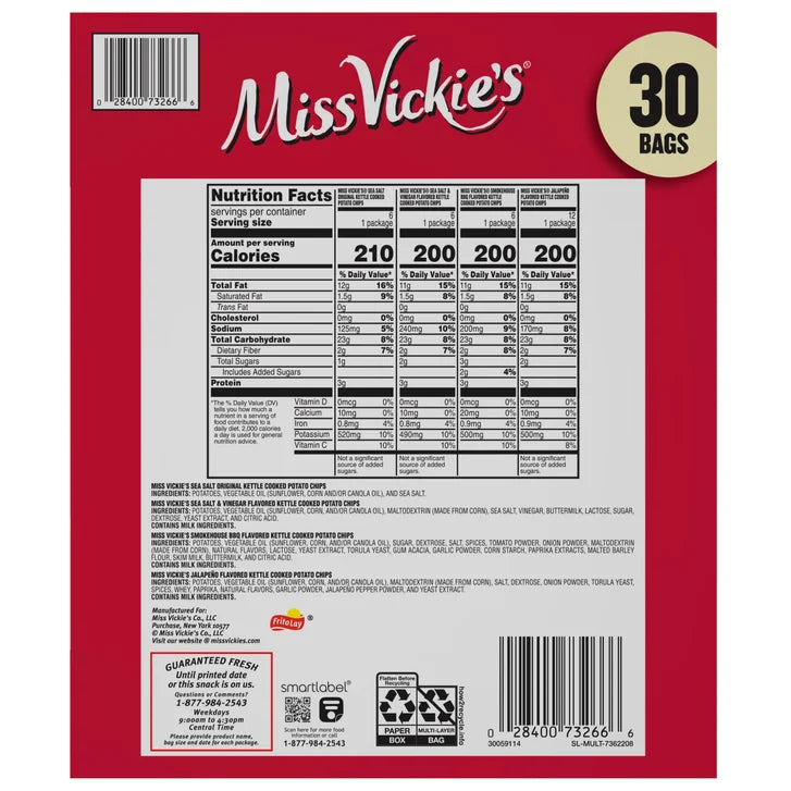 Miss Vickie’s Kettle Cooked Potato Chips, 1.38 oz, Variety Pack, 30-count