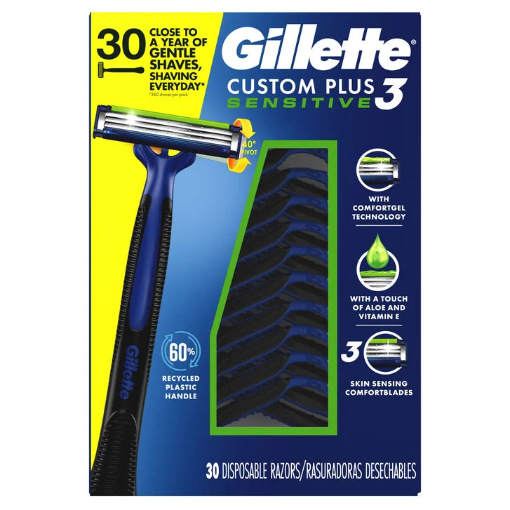 Gillette Custom Plus3 Disposable Razors Sensitive, 30-count